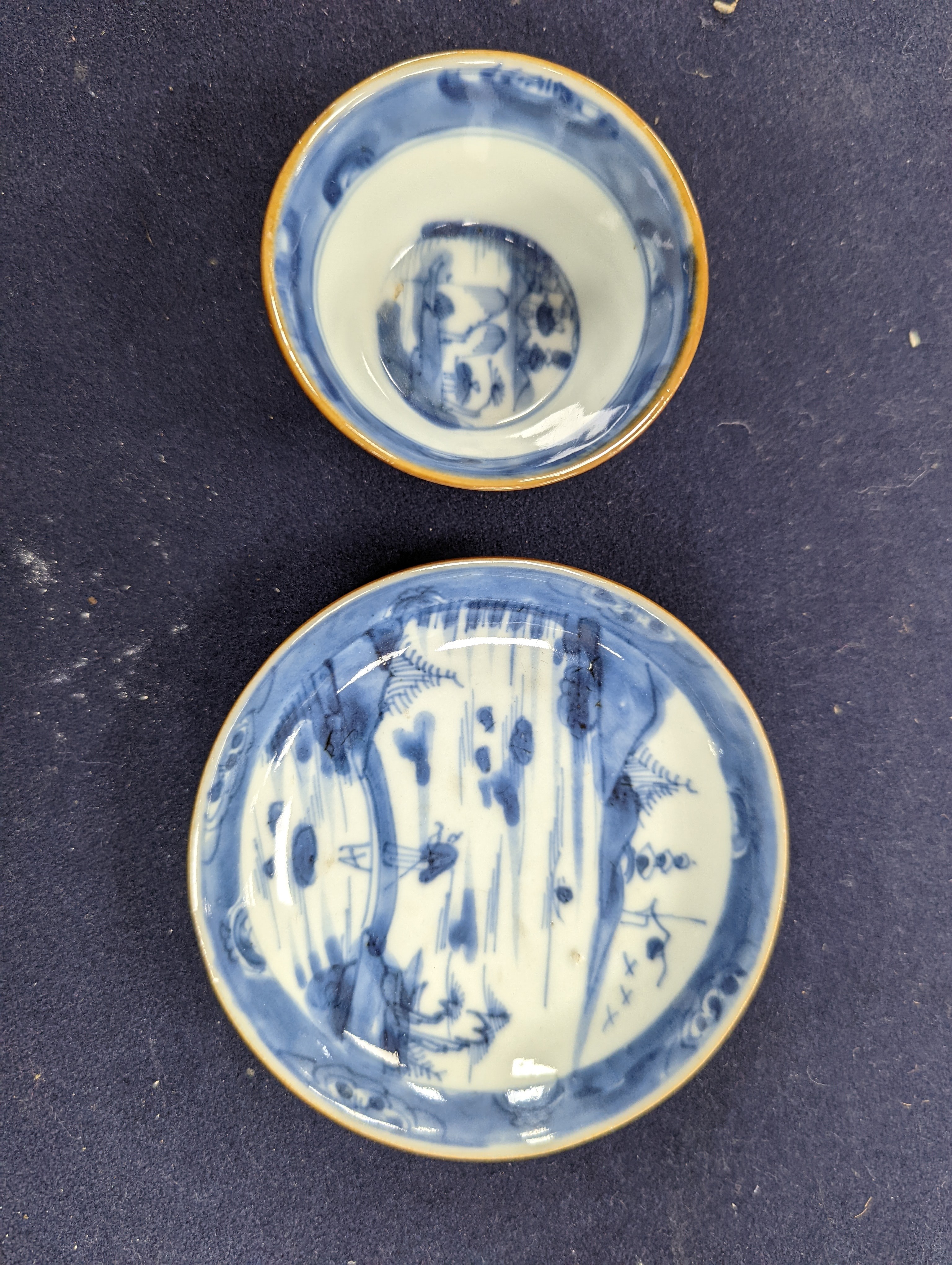 Six Chinese export porcelain teabowls and saucers, Kangxi to early Qianlong period. Provenance - Mona Sattin collection of miniature cups and saucers, collection no.s 310, 317, 324-326 and 328.